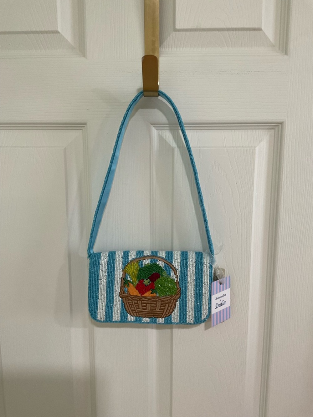 India Boutique Turquoise and White Striped Shoulder Vegetable Basket Beaded Bag